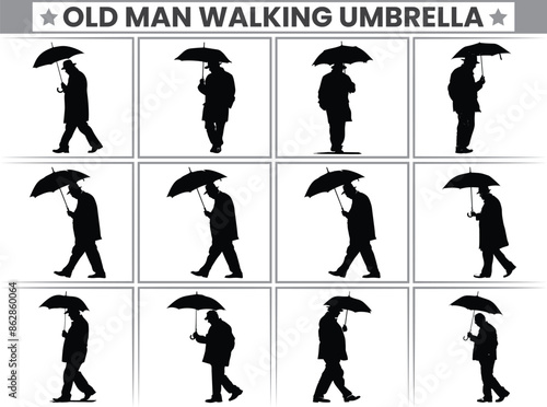 Old man with walking umbrella Silhouette, rain clipart, girl and boy with umbrella black color only full body