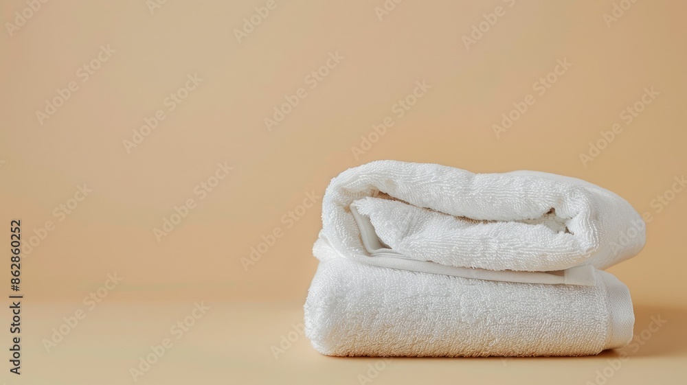 Folded white towels against neutral background, illustrating cleanliness and freshness Folded white towels against neutral background, illustrating cleanliness and freshness