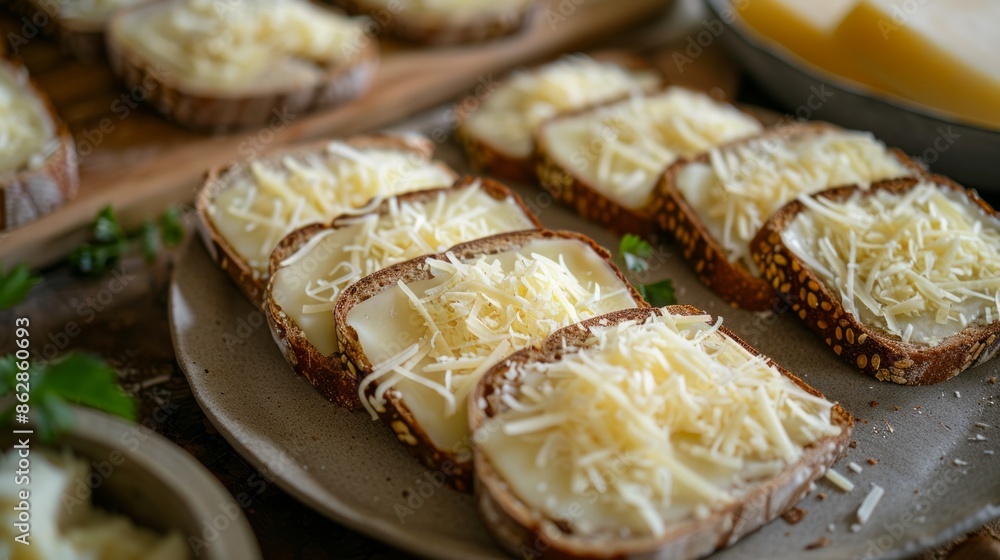 Delicious cheese toast on a plate with a rustic presentation Delicious cheese toast on a plate with a rustic presentation