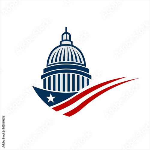 Stylized Capitol building with American flag swoosh, ideal for flyers and advertisements, featuring ample copy space, symbolizing patriotism and government