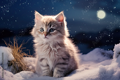 Winter Whiskers - A Fluffy Kitten's Magical Night Under the Snowy Sky