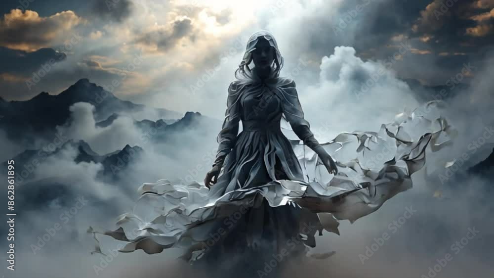 雲の中で動く幽霊のような女性 幻想的な霧のシーン