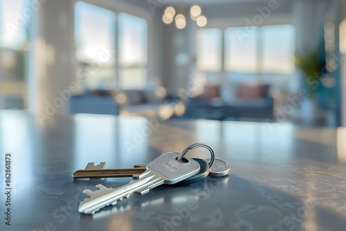 Apartment's door key Empty modern living room blurred background Real Estate Minimalist Concept