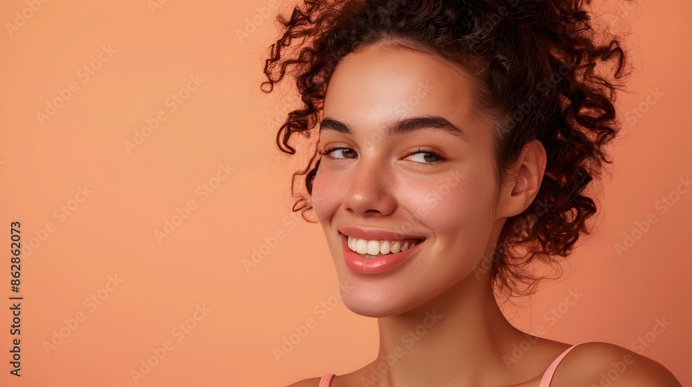 Smiling Young Woman with Radiant Skin in Chic Neo Pop Portrait Smiling Young Woman with Radiant Skin in Chic Neo Pop Portrait