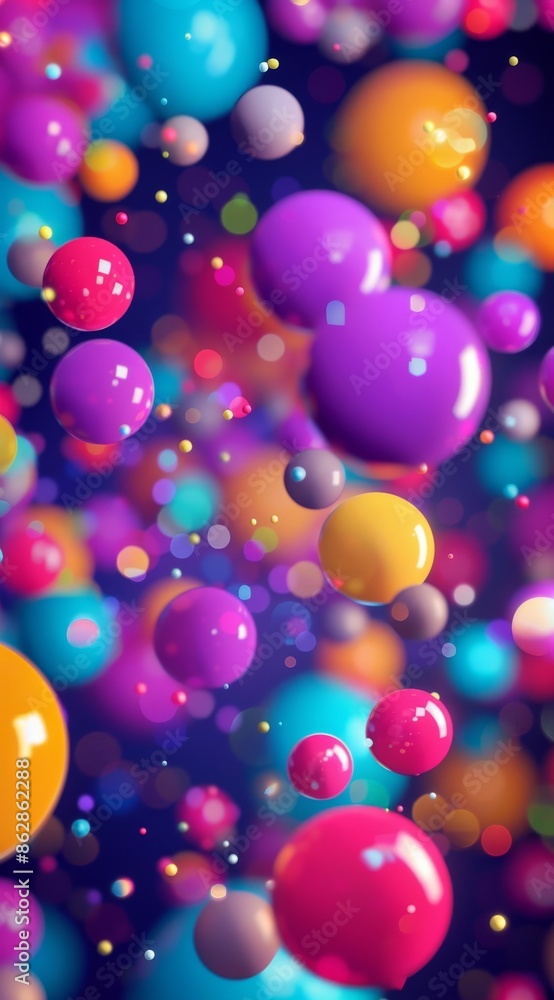 Colorful spheres and particles floating on a vibrant purple backdrop Colorful spheres and particles floating on a vibrant purple backdrop