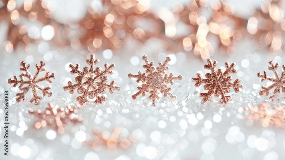 Vertical Holiday Background with Row of Snowflake Copper Cutters on White Sparkling Background Vertical Holiday Background with Row of Snowflake Copper Cutters on White Sparkling Background