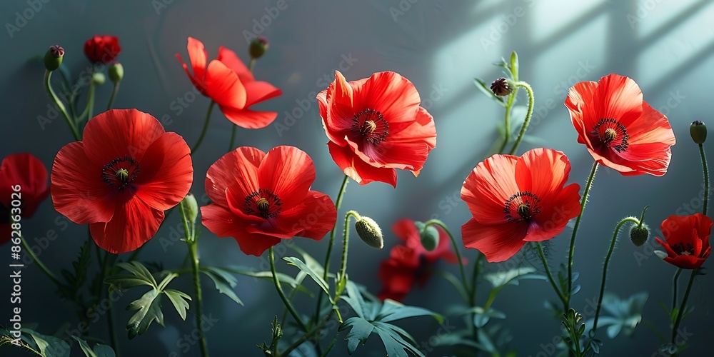 Fototapeta premium Red poppies on a dark background. Floral background.