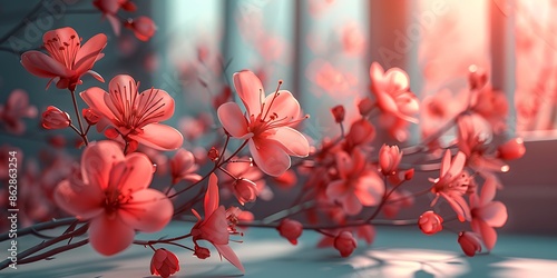Blooming sakura branch with pink flowers. 3D rendering. © Asad