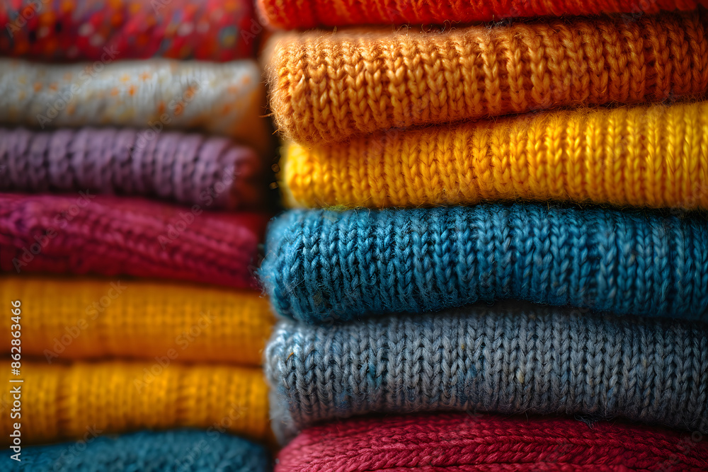 stack of colourful cotton clothes, close up pile of clothing stack of colourful cotton clothes, close up pile of clothing
