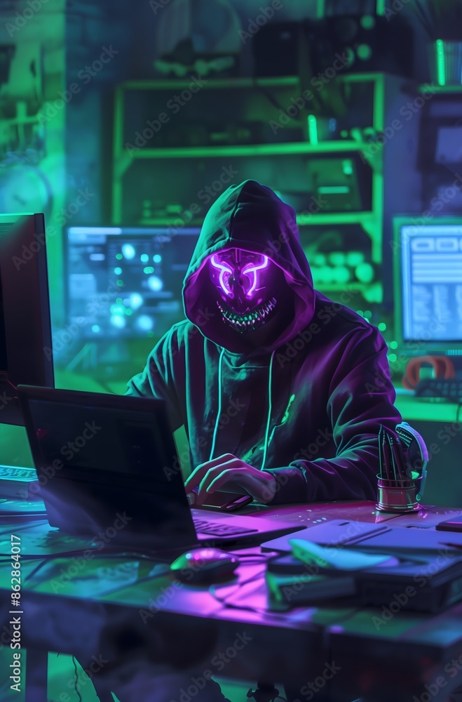 Neon face mask Hacker working laptop front view dark room Hacker Concept Neon face mask Hacker working laptop front view dark room Hacker Concept