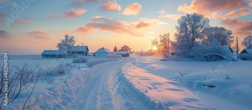 A beautiful sunset over a snowy landscape. The sky is filled with clouds and the sun is setting, casting a warm glow over the snow. The scene is peaceful and serene