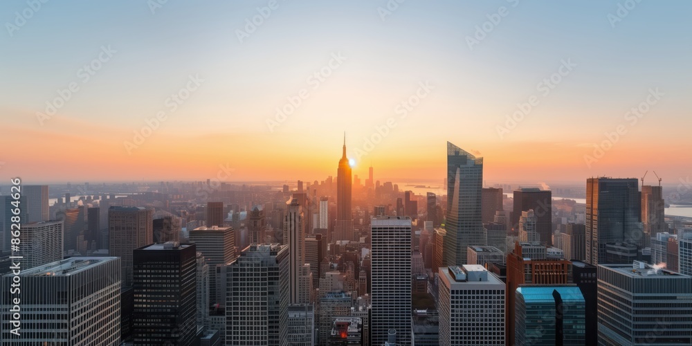 Fototapeta premium Sunset Over Skyscrapers in City. Beautiful sunset over a city with numerous skyscrapers and modern buildings, showcasing the vibrant urban environment.
