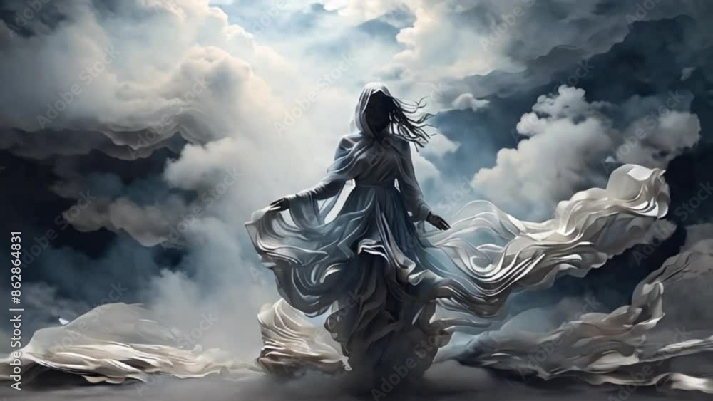 流れる霧の中に立つ幽霊のような女性 背後に動く雲 流れる霧の中に立つ幽霊のような女性 背後に動く雲