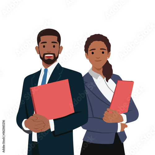 Young male and female businessperson holding Folder files Document. Flat vector illustration isolated on white background
