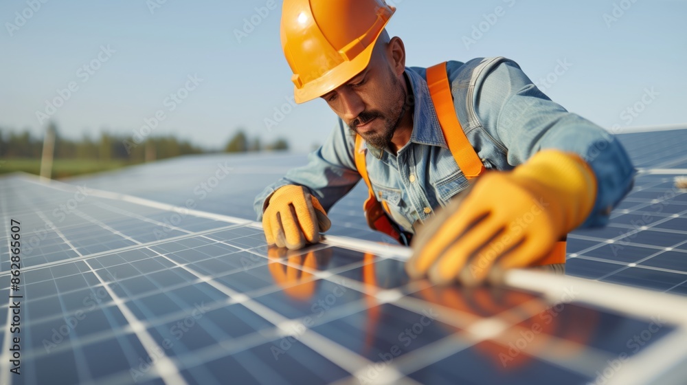 Technician Installing Solar Panels at Sunrise. Technician in an orange hard hat and gloves installs solar panels at sunrise, capturing the early morning light. Technician Installing Solar Panels at Sunrise. Technician in an orange hard hat and gloves installs solar panels at sunrise, capturing the early morning light.