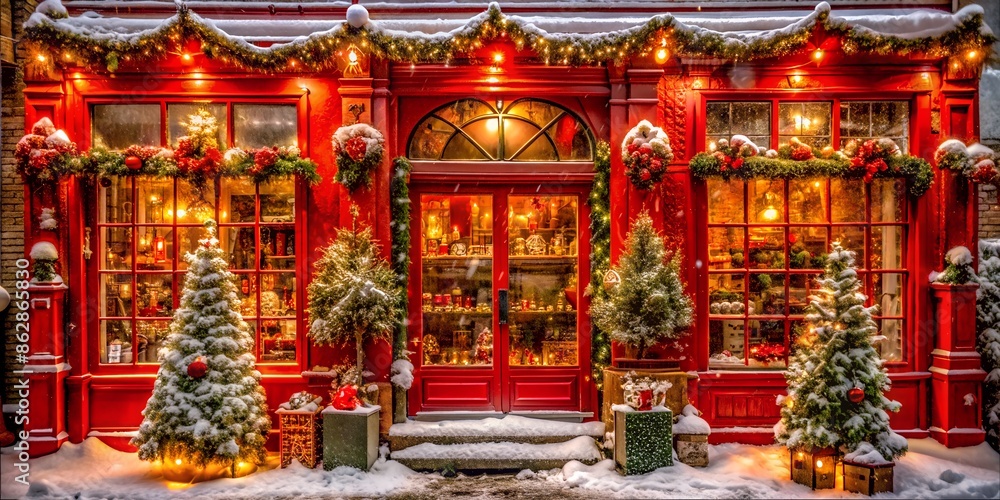 The entrance to the store, decorated for Christmas, is covered with snow. Christmas trees, garlands, balls and falling snow. The atmosphere of anticipation of the holiday and New Year's miracle.
The entrance to the store, decorated for Christmas, is covered with snow. Christmas trees, garlands, balls and falling snow. The atmosphere of anticipation of the holiday and New Year's miracle.