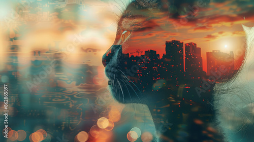 double exposure of cat, girl human and cityscape #862865897