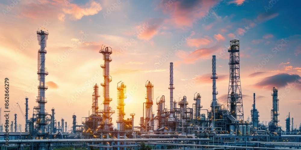 Industrial scene with metallic structures and pipes at sunrise, featuring a blend of warm and cool tones, highlighting the complexity of modern industry. Industrial scene with metallic structures and pipes at sunrise, featuring a blend of warm and cool tones, highlighting the complexity of modern industry.