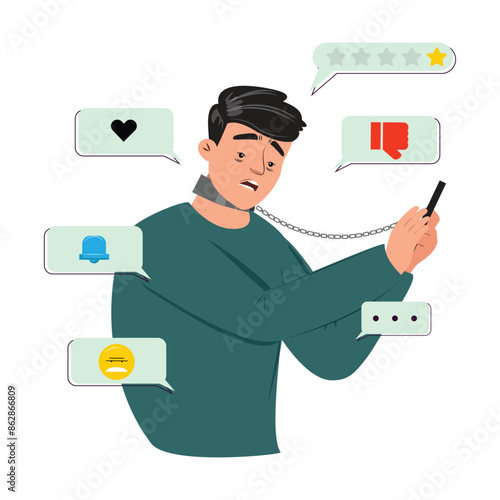 Young man chained to his smartphone, symbolizing social media addiction. Notification icons, heart, bell, thumbs-down and speech bubbles around. photo