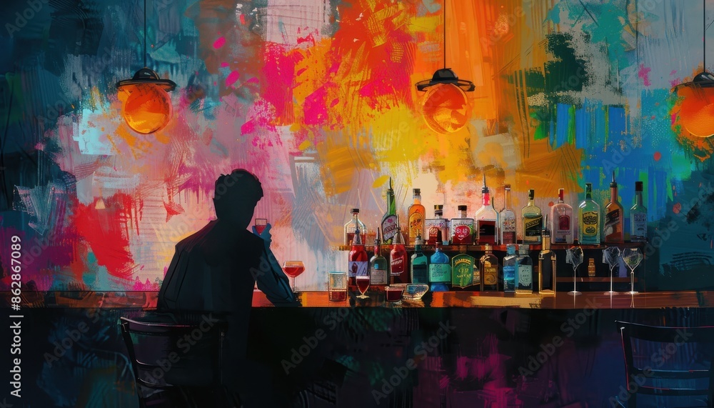 Silhouette at a vibrant bar with colorful wall art, capturing a moody and artistic nightlife ambience.