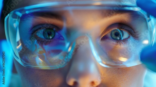 Close-up of a person's eyes behind protective lab glasses, reflecting light and surroundings.