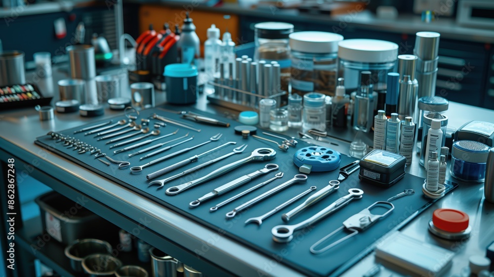 Assorted Surgical Tools on Lab Table. Assorted surgical tools arranged on a lab table with various medical supplies, showcasing the range of instruments used in medical practice. Assorted Surgical Tools on Lab Table. Assorted surgical tools arranged on a lab table with various medical supplies, showcasing the range of instruments used in medical practice.