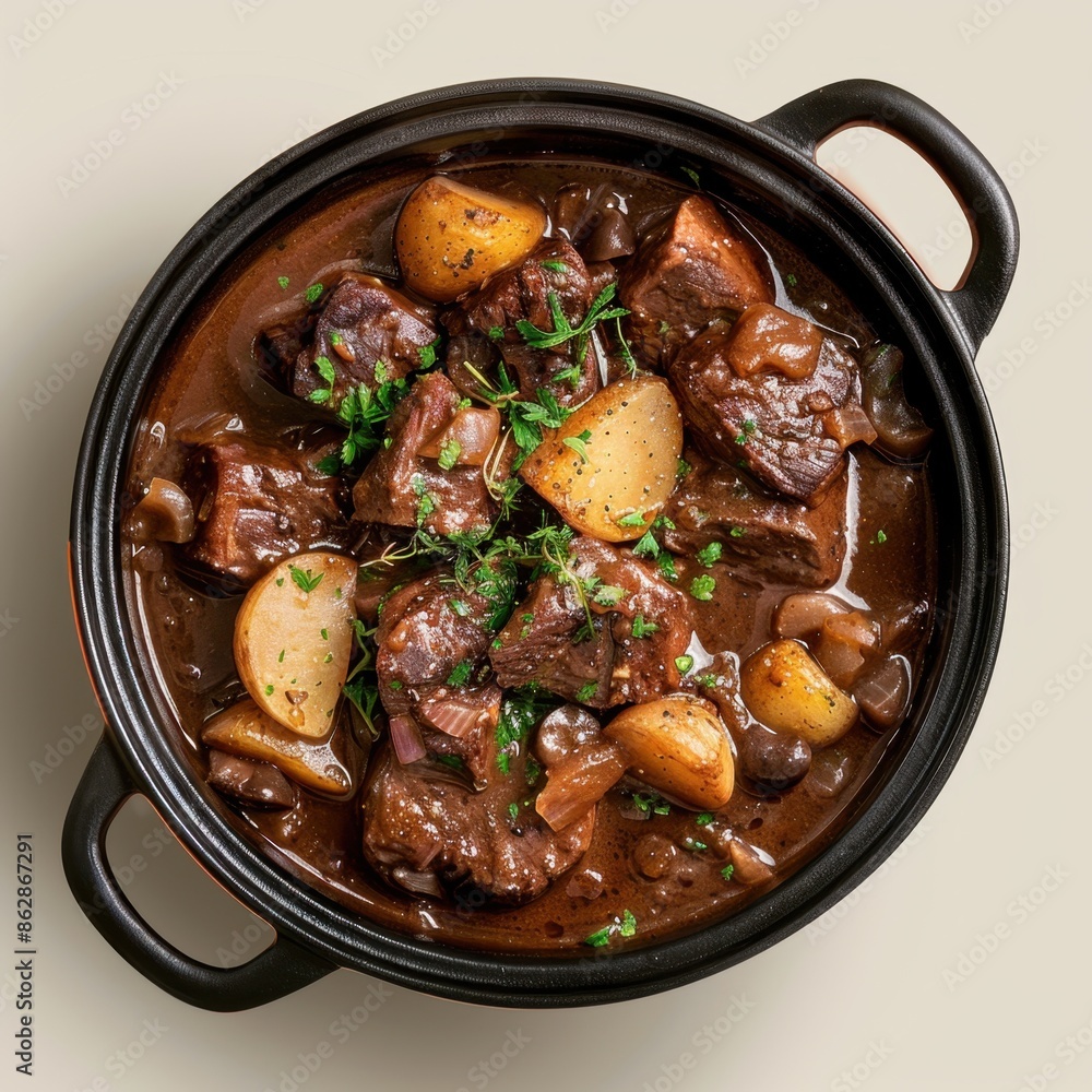 Beef Stew with Potatoes and Herbs in a Black Pot