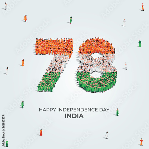 15th of August Happy Independence Day India. A large group of people form to create the number 78. Indian people in traditional dress or clothings. Vector illustration. 