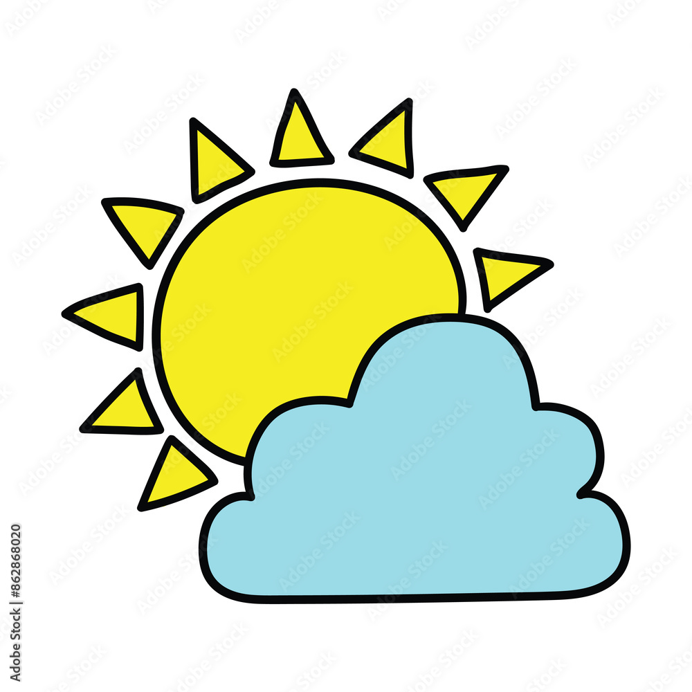 Hand drawn cartoon icon of cloud and sun on white background. Weather forecast. Hand drawn cartoon icon of cloud and sun on white background. Weather forecast.
