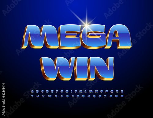 Vector elite sign Mega Win. Modern Stylish Font. Trendy Chic Alphabet Letters and Numbers set.