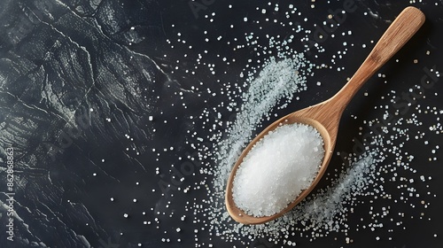 Pinch of White Seasoning Powder on Wooden Spoon over Dark Background © pkproject