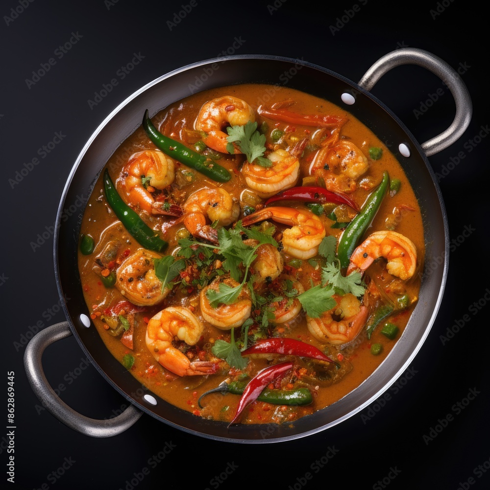 Delicious Prawn Curry in a Pan with Spices and Herbs Delicious Prawn Curry in a Pan with Spices and Herbs