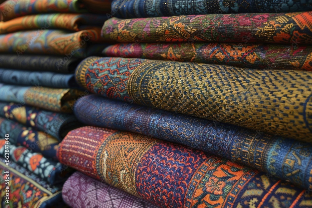 Intricate patterns woven into fabrics, combining modern and traditional styles with abstract textile design. Intricate patterns woven into fabrics, combining modern and traditional styles with abstract textile design.