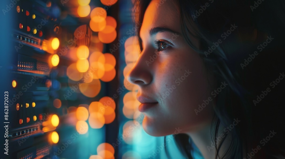 Young Woman in Data Center with Colorful Lights - Generative AI Young Woman in Data Center with Colorful Lights - Generative AI