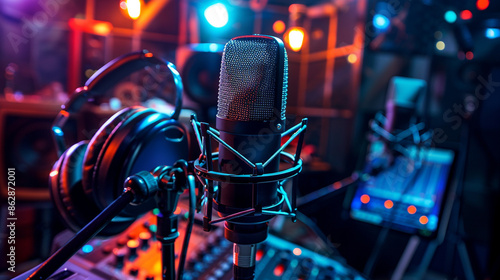 Professional microphone and headphones setup in a modern radio station studio, vibrant lights highlighting the equipment, entertainment and communication concept