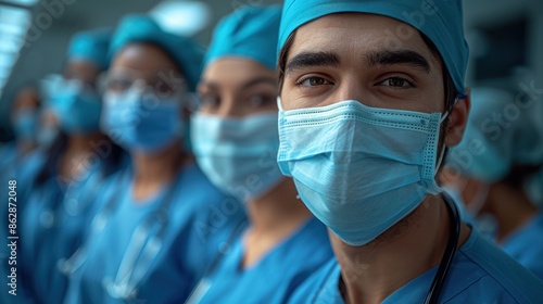 A group of doctors in surgical scrubs and masks, confidently posing together, capturing a moment of pride and unity in their medical profession, ready for any challenge. photo