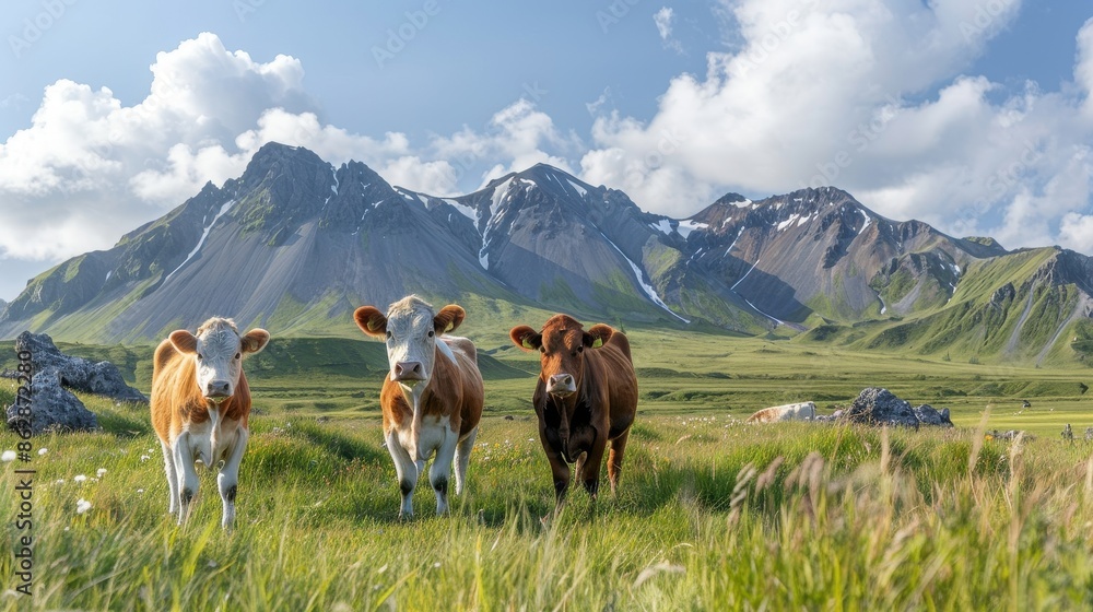 Three cows peacefully graze in a lush green meadow beneath towering mountains with rocky peaks, embodying the tranquility and rugged beauty of rural life. Three cows peacefully graze in a lush green meadow beneath towering mountains with rocky peaks, embodying the tranquility and rugged beauty of rural life.