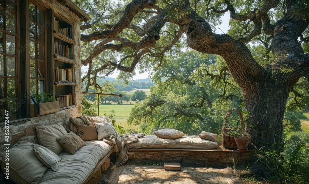Fototapeta premium A cozy outdoor reading nook under a tree