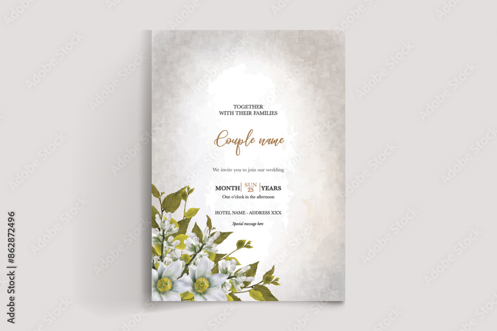 WEDDING INVITATION FRAME WITH FLOWER DECORATIONS AND FRESH LEAVES WEDDING INVITATION FRAME WITH FLOWER DECORATIONS AND FRESH LEAVES