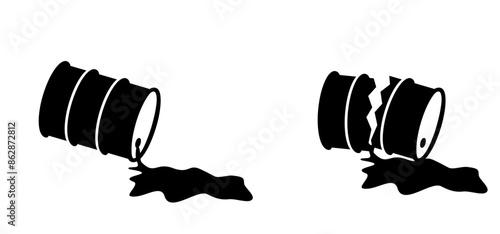 Broken oil barrel, and leakage. Leak, oil barrels fuel. Oil drum or petroleum drums logo.  Milieu icon. Barrel leak. Barrel with labels. Oil stocks, industry concept. Fuel, fuel barrel or gas station.