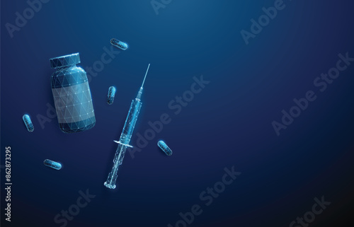 Syringe, bottle and medical pills. Medical treatment and pharmacy concept. Low poly style. Abstract geometric background. Wireframe light connection structure. Modern blue 3d graphic. Top view. Vector