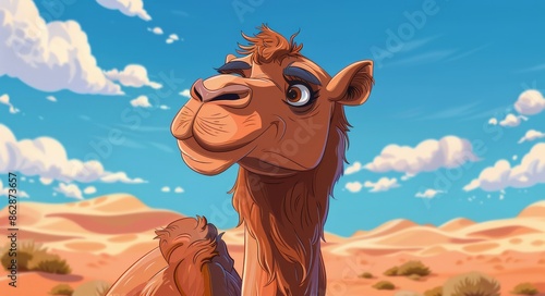 Smiling Camel In Desert Landscape On Sunny Day