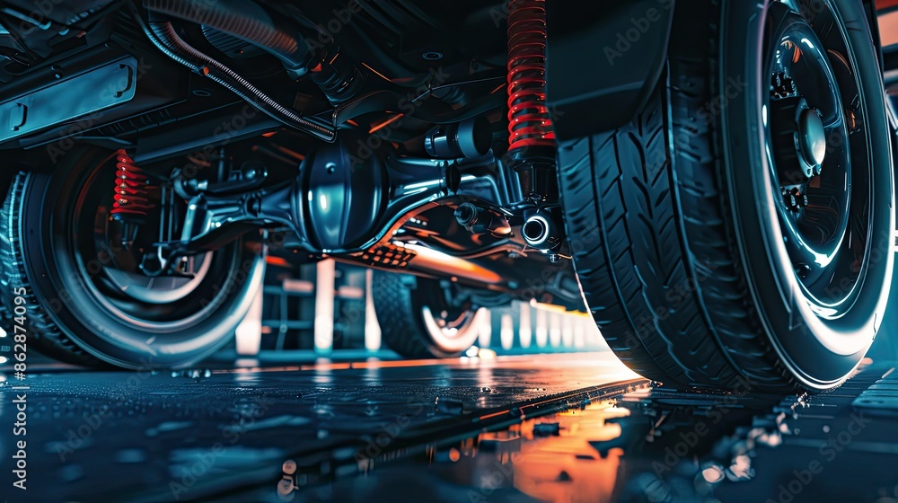 Obraz premium Undercarriage of a Car with Red Shocks.