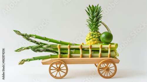 Asparagus, Pineapple and Lime in Wooden Wagon.
