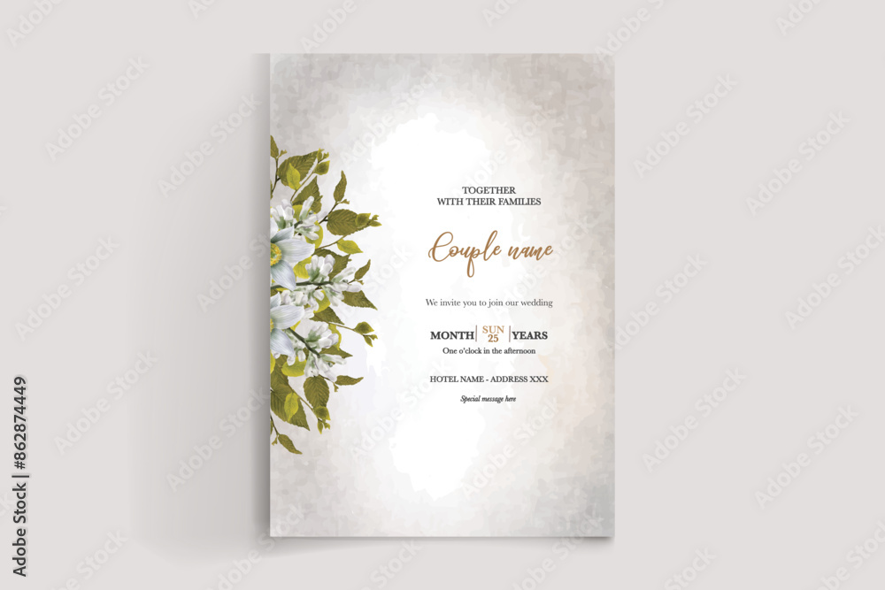 WEDDING INVITATION FRAME WITH FLOWER DECORATIONS AND FRESH LEAVES WEDDING INVITATION FRAME WITH FLOWER DECORATIONS AND FRESH LEAVES