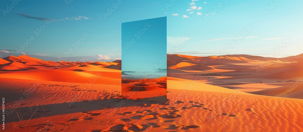 A surreal scene featuring a mirror reflecting the desert landscape, with vibrant orange sand dunes and a clear blue sky. A surreal scene featuring a mirror reflecting the desert landscape, with vibrant orange sand dunes and a clear blue sky.