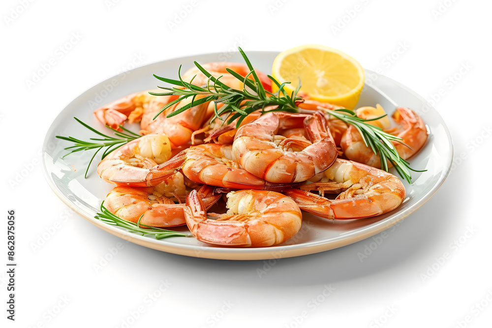 Delicious shrimps on white plate isolated on white background Delicious shrimps on white plate isolated on white background