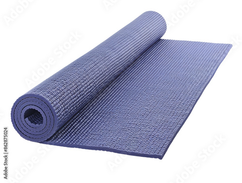 A blue yoga mat is rolled up and laying on a white background