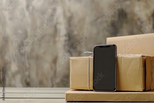 Online shopping with smartphone and parcel box. Concept of digital payment and delivery. photo