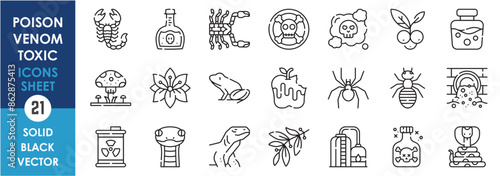 A set of line icons related to toxic, venom and poison. Poison, snake, scorpion, food, salamander, lab, plant, lily, chemical, mushroom, lizard, danger and so on. Vector outline icons set.
